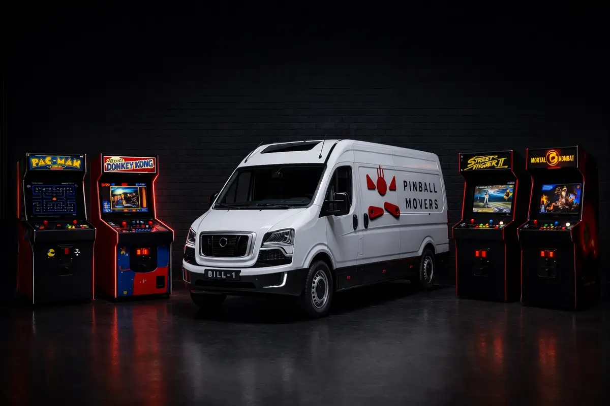 Pinball Movers van surrounded by classic arcade machines for specialist arcade transport