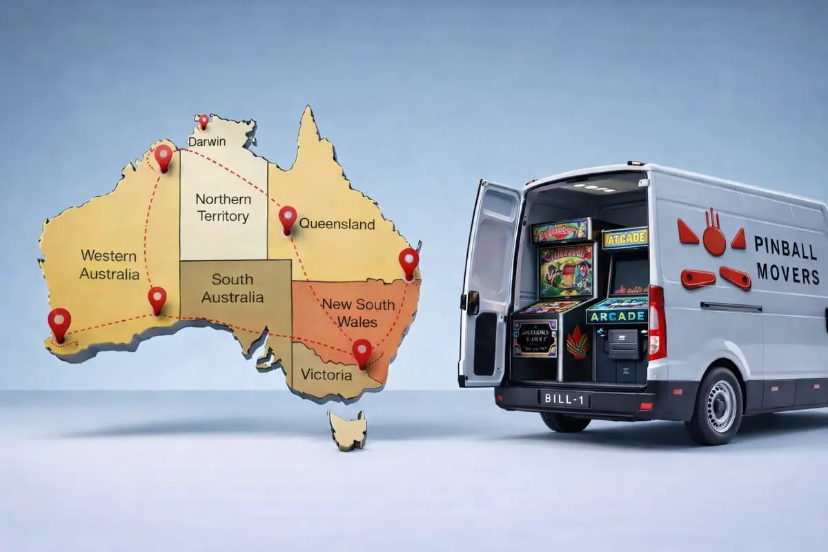 Interstate pinball and arcade machine transport across Australia with Pinball Movers van and route map