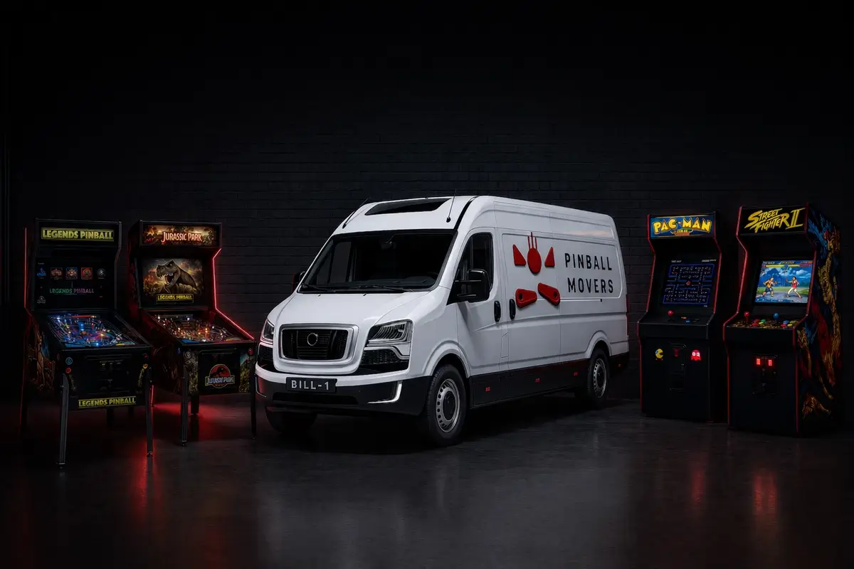 Pinball Movers van with pinball and arcade machines ready for specialist transport